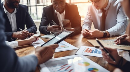 Fototapete - Teamwork meeting, tablet and business people in office workplace. Collaboration, technology and workers, men or employees with touchscreen planning sales, research or financial strateg : Generative AI
