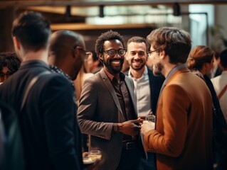Poster - Creative men talking at networking event, sharing startup ideas and discussing new innovation at business conference. Diverse group of people meeting, collaborating or having a convers : Generative AI