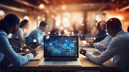 Fototapete - Teamwork meeting, tablet and business people in office workplace. Collaboration, technology and workers, men or employees with touchscreen planning sales, research or financial strateg : Generative AI