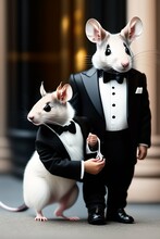 Anthropomorphic White Rat  In A Bodyguard Black Tuxedo , With A Suitcase