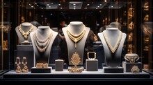 Jewelry Diamond Rings And Necklaces Show In Luxury Retail Store Window Display Showcase : Generative AI