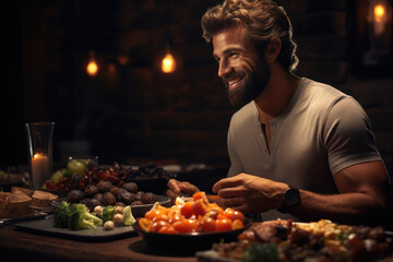 Poster - A person engaging in mindful eating, savoring each bite of a delicious and nutritious meal with full awareness. Generative Ai.