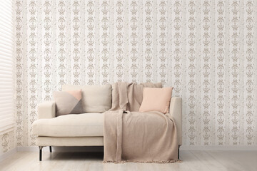 Wall Mural - Minimalist living room interior with comfortable beige sofa