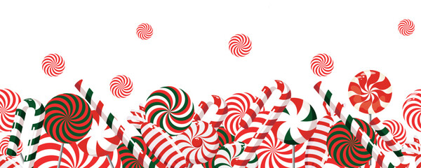 The border is a sweet Christmas candy. Lollipop on a stick. Festive sweetness. Caramel candies. Sweet New Year's dessert.