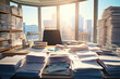 The workplace on office desk surrounded by a pile of documents. Business concept of work and hard work.