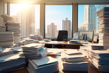 The Workplace On Office Desk Surrounded By A Pile Of Documents. Business Concept Of Work And Hard Work.