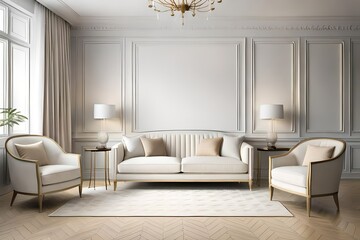 contemporary classic white beige interior with sofa and decor. 3d render illustration mockup. modern