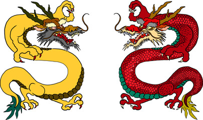 Wall Mural - Japanese red dragon tattoo.Dragon on red background for Chinese New Year.Gold Chinese Dragon vector.Gold line art King Dragon tattoo.cartoon vector for t-shirt.