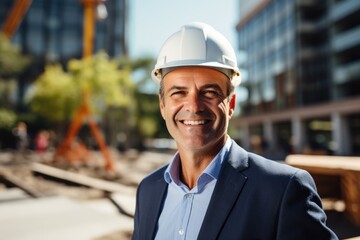 Smiling portrait of a happy male british developer or architect working on a construction site