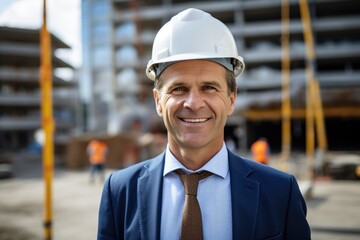 Smiling portrait of a happy male caucasian real estate project owner on a construction site