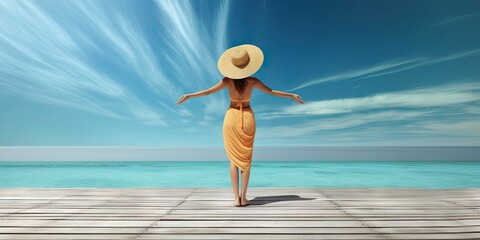 Wall Mural - Female tourist standing on wooden board on beach by sea. Island dreaming. Stunning getaway to paradise sand