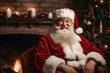 © NikoG - Smiling santa claus in a cozy home with a fireplace decorated for christmas and the new year holiday