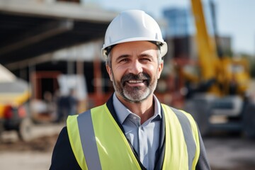 Smiling portrait of a happy white male developer or architect working on a construction site