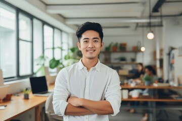 Smiling portrait of a happy young asian man working for a modern startup company in a business office