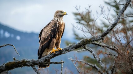 Wall Mural - An eagle perched on a tree branch at the edge of a mountain