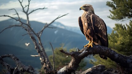 Wall Mural - An eagle perched on a tree branch at the edge of a mountain