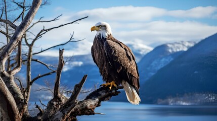 Wall Mural - An eagle perched on a tree branch at the edge of a mountain