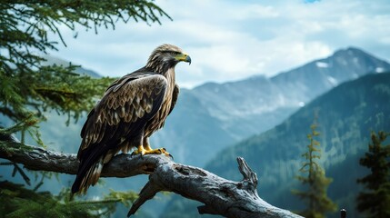 Wall Mural - An eagle perched on a tree branch at the edge of a mountain