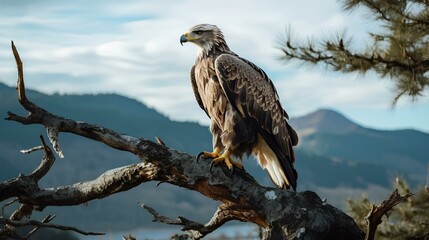 Wall Mural - An eagle perched on a tree branch at the edge of a mountain