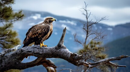 Wall Mural - An eagle perched on a tree branch at the edge of a mountain