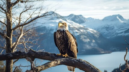Wall Mural - An eagle perched on a tree branch at the edge of a mountain