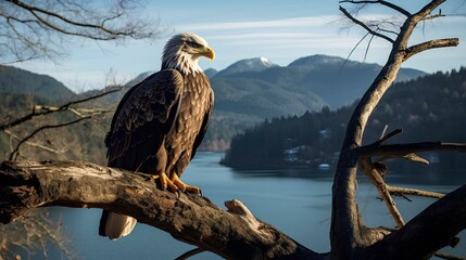 Wall Mural - An eagle perched on a tree branch at the edge of a mountain