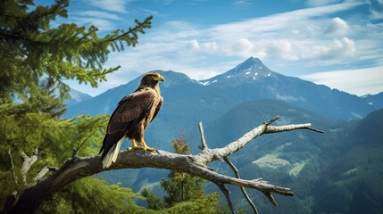 Wall Mural - An eagle perched on a tree branch at the edge of a mountain