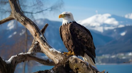 Wall Mural - An eagle perched on a tree branch at the edge of a mountain