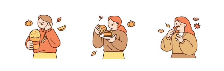 Wall Mural - all food and desserts. people holding drinks, cakes and pies. and a woman wearing fall-colored makeu