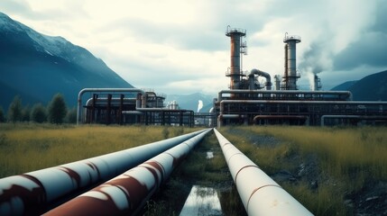 Poster - Valves and pipeline system of industrial zone, Steel pipeline and valves at factory.