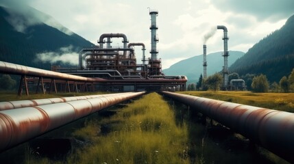 Poster - Valves and pipeline system of industrial zone, Steel pipeline and valves at factory.