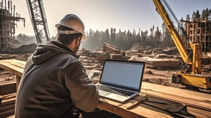 Fototapete - Architect using laptop at construction site.