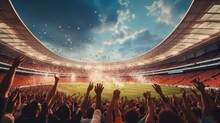 Fans On Stadium Game And Audiences People Celebration With Spotlight Colorful Lighting Background Inside Soccer Stadium.