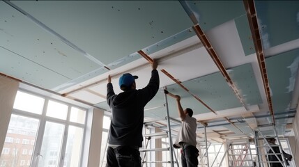 Aufkleber - Workers installs a ceiling into frame of ceiling.