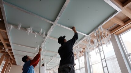 Aufkleber - Workers installs a ceiling into frame of ceiling.