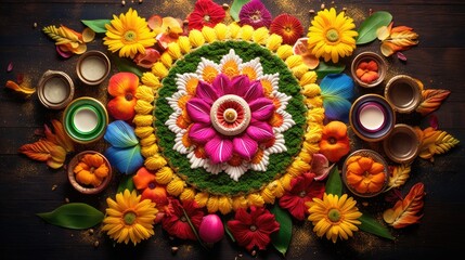 Wall Mural - Rangoli colorful vibrant symbol of Diwali celebration background. Great indian festival of lights concept. Round Floral Ornament for greeting card design, wallpaper.