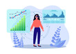 © Bro Vector - Girl in VR headset looking at finance charts vector illustration. Cartoon drawing of businesswoman in VR glasses studying graphs. Virtual reality, technology, finances concept