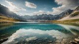 Fototapeta Góry - Alpine Lake Snowy Mountain Backdrop, Generative AI