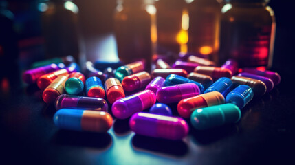 Colorful neon pills and capsules on dark background