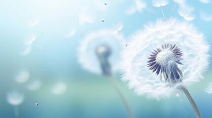 Wall Mural - Dandelion blowing in the breeze, soft lighting, pastel colours, sunny day.