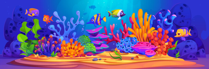 Wall Mural - Underwater seaweed plant and coral background. Ocean reef scene with grass, rock, algae weed and tropical decorative fish cartoon game environment wallpaper. Nautical oceanic wildlife graphic design