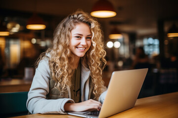 Blonde teenager student smile using laptop, study online hybrid learning