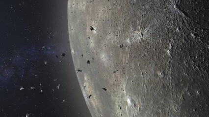 Wall Mural - planet mercury view with asteroids flying close outer space cinematic view, 4k, 2023