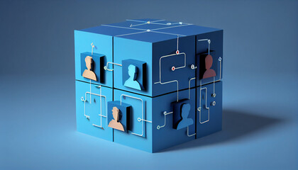 Connecting people partnership or men above social media networks on blue background concept using wooden cube block wood square block on blue background, Ai generated image