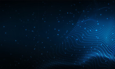 Wall Mural - Data technology background. 3D illuminated digital wave of glowing particles. Connecting dots on dark background. Futuristic dots pattern. Big data visualization. Technology or Science. Vector EPS10.