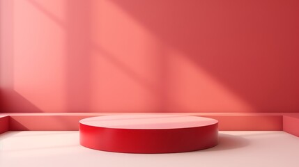 Wall Mural - Red background podium light studio stage platform. Empty red podium product display spotlight abstract scene wall floor background pink shadow texture perspective showroom presentation. Generative AI