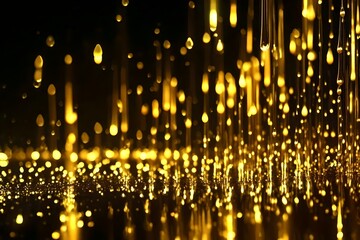 Digital rain of neon droplets falling onto a pool of liquid gold, creating a futuristic abstract scene.  4k HD Ultra High quality photo. 