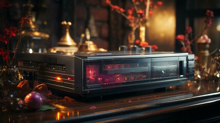 Old stylish vintage retro cassette video recorder poster from 80s 90s