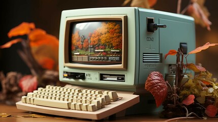 Old stylish vintage retro personal computer for video games and work poster from the 80s 90s