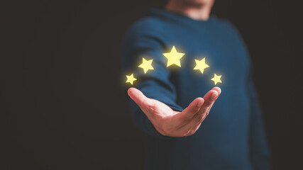 Poster - Customer hand showing the stars to complete five stars. Comment scores are good. Customer service assessment, testimonial, feedback, giving a five star rating. Service rating, satisfaction concept.